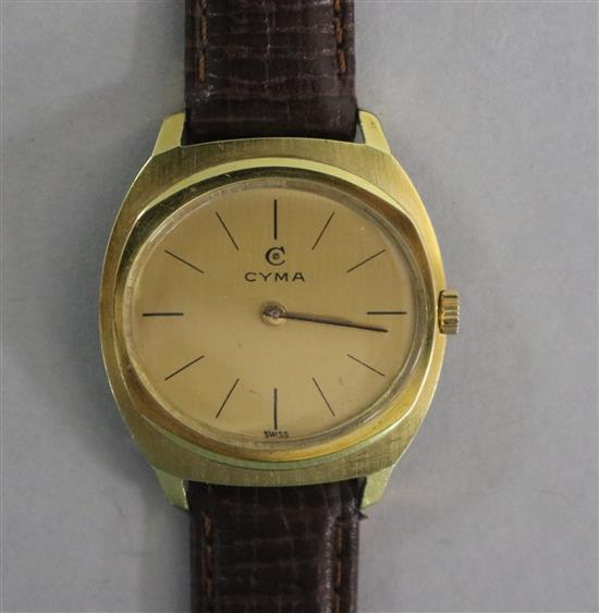 A gentlemans gold plated and steel Cyma manual wind wrist watch.